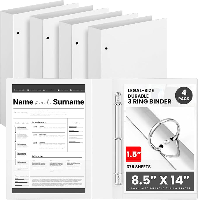 Henoyso 4 Pcs Legal Size Binder 3 Ring 1.5" Durable White Binders for 8.5" x 14" Paper Hold up to 175 Sheets for Documents Artwork, Office, Home, Work Places