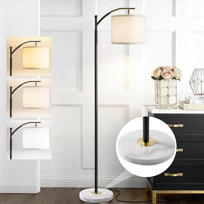 Floor Lamp for Living Room with Marble Base, Modern Standing Lamp with 3 Color Temperatures Bulb & Adjustable Linen Shade, Tall Lamp for Bedroom Office Reading Nursery