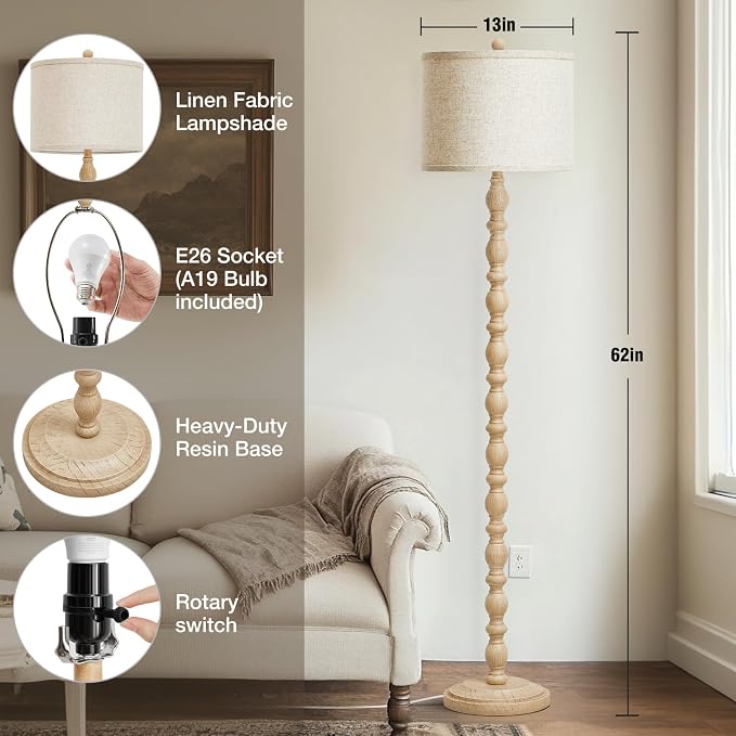 Luvkczc 62" Floor Lamps for Living Room, Adjustable Color Temperature Standing Lamp, Vintage Farmhouse Floor Lamp with Rotary Switch, Rustic Resin Tall Lamps for Living Room, Bedroom, Office, Corner