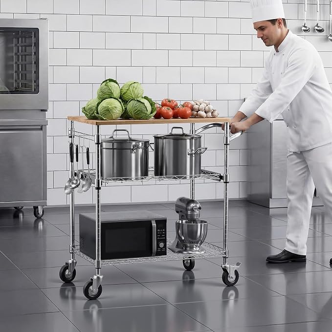 VEVOR Kitchen Utility Cart, 3-Tier Rolling Kitchen Cart with Wood Tabletop and Handle Bar, 661 lbs Capacity Heavy Duty Adjustable Wire Storage Rack, Steel Service Trolley on Wheels, 30 x 18 x 36 in
