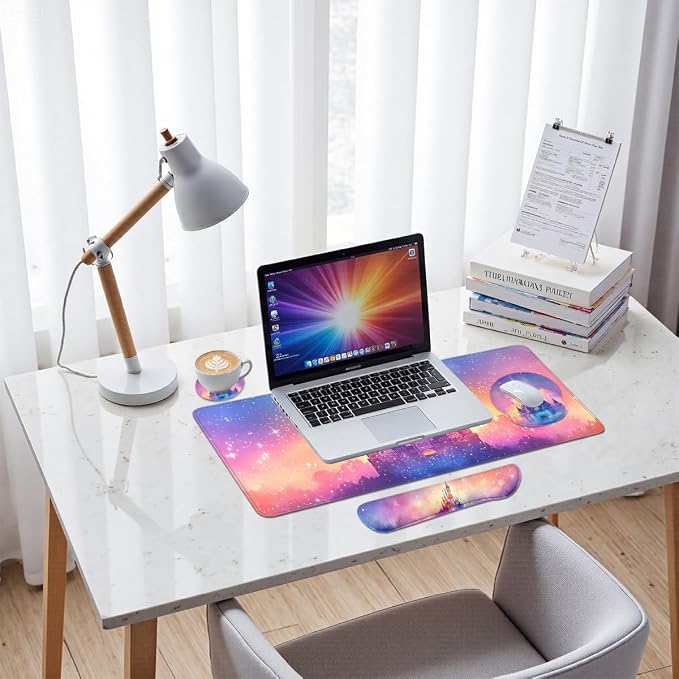 Castle Mouse Pad Set Fantasy Sunset Sky Dreamscape Gaming Mousepad 4in1 Desk Mat for Desktop Wrist Support Cup Coaster Set Ergonomic Computer Desk Arm Wrist for Decor Home Office