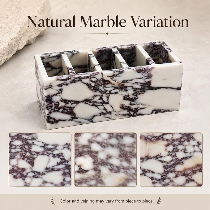 5-Compartment Marble Desk Organizer, 9.84 in | Natural marble 5-section organizer for pens, makeup brushes, cotton swabs, lipsticks, and slim daily items.