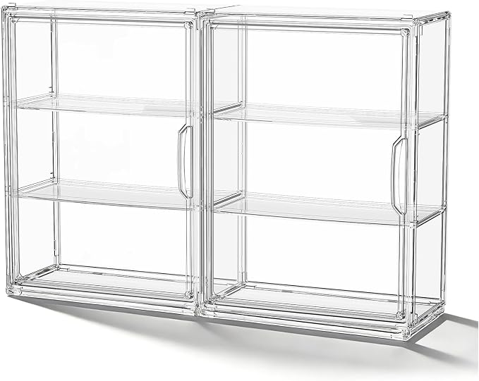 JOYZAN Acrylic Display Case for Collectibles, 2 Packs 3 Tiers Clear Display Case for Figures, Wall-Mounted Storage Box with Magnetic Door, Adjustable Figurine Display Shelf Dust-Proof Showcase