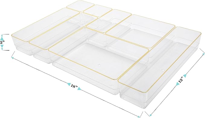 Martha Stewart Kerry Stackable Desk Drawer Organizers, Clear/Gold, 8-Pack | Various Sizes, Gold Trim, Stackable