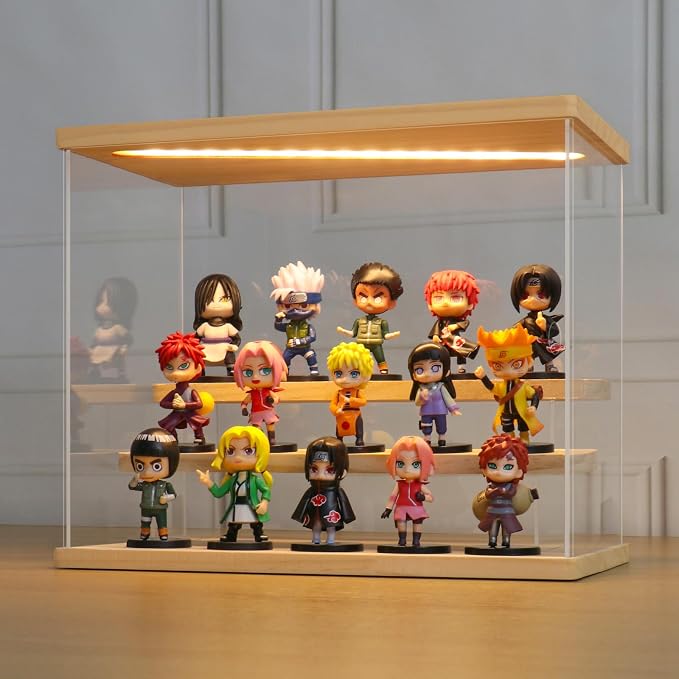 LANSCOERY Acrylic Display Case for Collectibles, 3-Tier LED Light, Wood | 3mm clear acrylic panels with front door access and tri-color top light for small figures on a desk or shelf.
