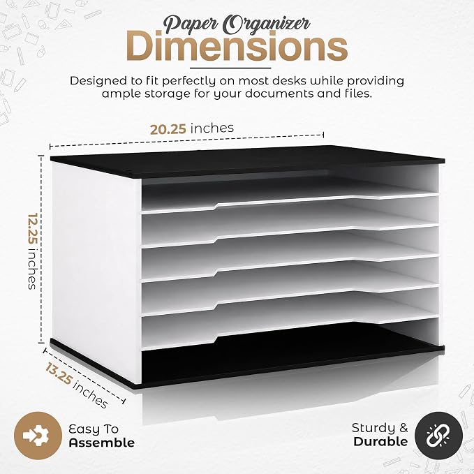 12x18 Construction Paper Organizer, 6-Tier Wooden Flat File for 11x17 & A3 Sheets | Large Durable wood composite organizer Paper Storage for Classroom, Office & Art Room | Black & White|
