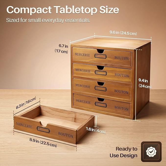 Flexzion Wooden Storage Box with 2 Drawers, Vintage Desktop Organizer | Compact Desk Organizer with Drawers for Office Supplies, Mail, Crafts and Vanity Items; 9.6 X 6.6 X 4.9 In; Fully Assembled