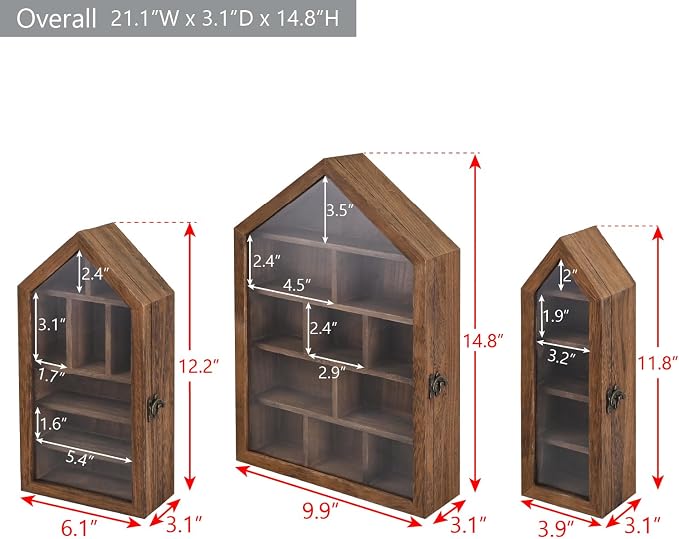 Ikee Design 3-Pc Wall-Mounted Wooden Display Case with Glass Doors | Shadow Cubby Box Display Shelf Wall-Mounted with Door Storage Display Case for Collectibles, Trinkets, Mini Figures, Black