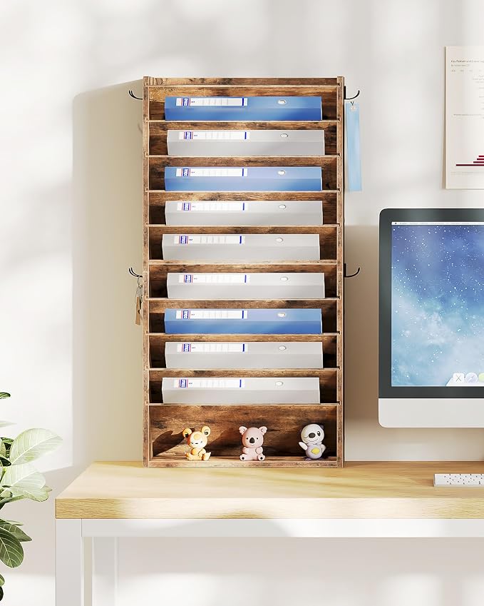 Wall File Organizer, 10-Tier Hanging Mail Organizer, Wall Mount File Holder with 4 Side Hooks, Mail and Storage Organizer, Wooden Vertical Hanging Holder for Office, Rustic Brown MWJ03FG