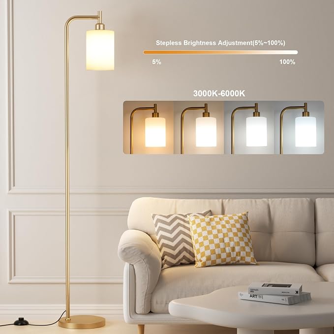 Ziisee Floor Lamps for Living Room - Industrial Standing Lamp with Remote Control Glass Shade, Modern Gold Floor Lamp with LED Bulbs, Tall Lamp for Bedroom Office - Gold