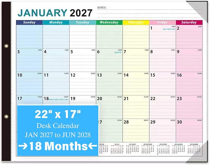 Desk Calendar 2027-2028, Large Desk Calendar 22 x 17, 18 Months | Desktop Blotter Calendar from Jan 2027 to Jun 2028, Monthly Wall Calendar for Office School Home