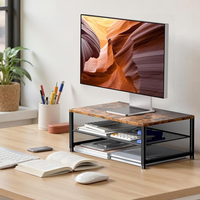 ECOLOVI 2-Tier Computer Monitor Stand Riser, Printer & Laptop Stand, Office Desk Accessories, Workspace Desk Organizer for Home Office Supplies, Brown