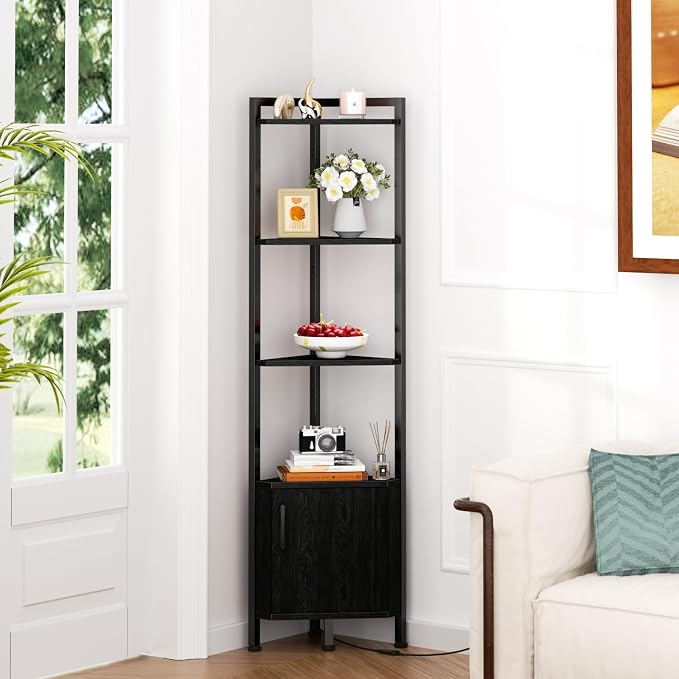 5-Tier Corner Shelf with LED Light,Black Corner Cabinet with Doors | 62.8”Tall Corner Bookshelf with Storage Rack for Bedroom,Living Room,Kitchen,Metal Frame,Wood Display Shelf,Easy to Assemble