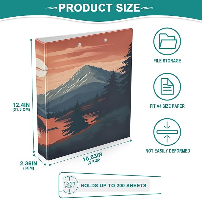 3 Ring Binder, Vintage Mountain Landscape Clipboard Binder with 2 Pockets, 1.5 Inch Three Ring Binder Heavy Duty Round Ring Binders for Office Supplies
