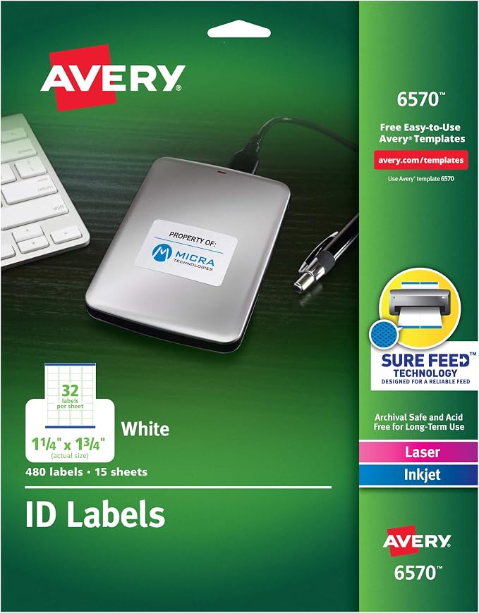 Avery ID Labels, Sure Feed Technology, Permanent Adhesive, 1.25" x 1.75", 5 Packs (6570)
