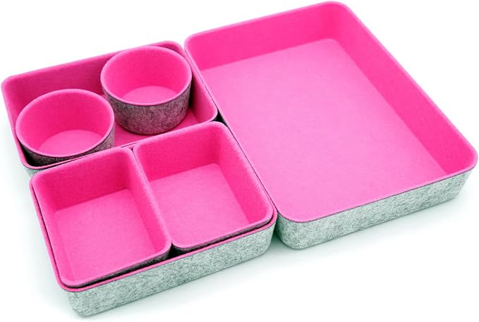 Drawer organizer bins felt tray desk storage dividers 7pc Hot pink