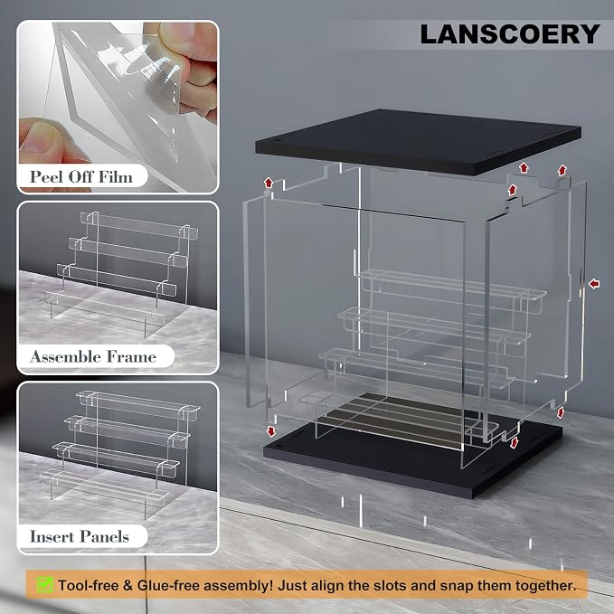 LANSCOERY Acrylic Display Case for Collectibles, 5-Tier LED Light, Black | 3mm clear acrylic panels with front door access and tri-color top light for small figures on a desk or shelf.