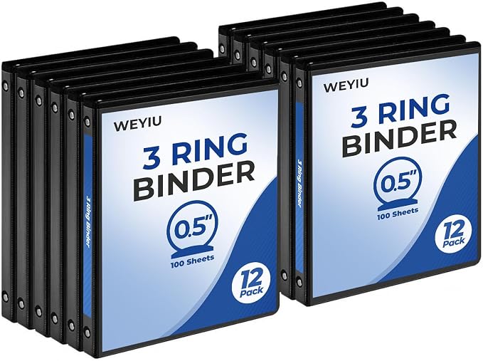1/2 Inch 3 Ring Binder, 0.5" Round Ring Binder with 2 Interior Pockets, Durable Binders Holds 100 Sheets of US Letter Size 8.5'' x 11'' Paper for Office/Home/School （Black 12-Pack）