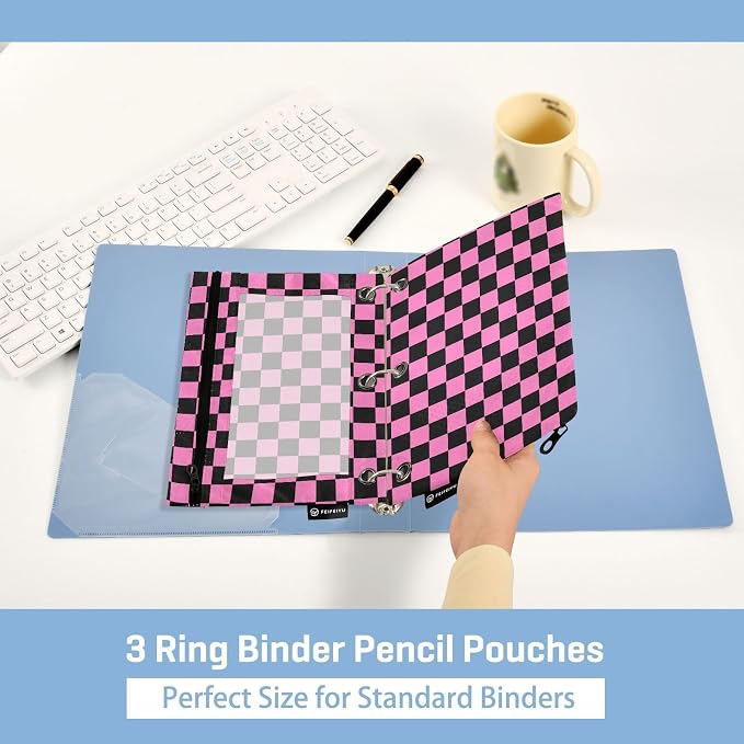 Checkerboard Pink Black Squares Pencil Pouch for 3 Ring Binder, 2 Pack Waterproof Pencil Bags Clear Window Zipper School Office Supplies