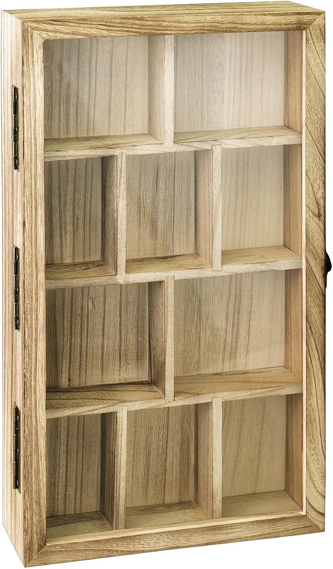Ikee Design Wall-Mounted Wooden Display Case with Glass Top, 10 Slots | 10-SLOT DISPLAY CASE: Oak wood wall cabinet with hinged tempered glass top for mini figures, collectibles and oils.
