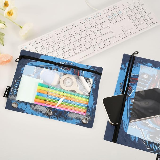 Custom Truck Blue Pencil Pouch for 3 Ring Binder, 2 Pack Personalized Name Waterproof Pencil Bags Clear Window Pencil Case School Office Supplies