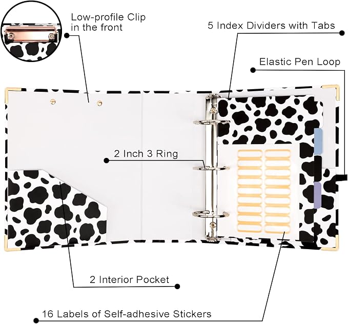 EYROZILL Mini 3 Ring Binder, 5.5" x 8.5", 2 Inch, Cow Print