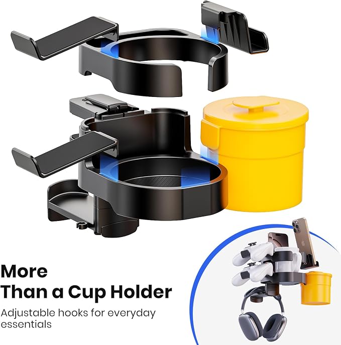 7-in-1 Desk Cup Holder - EURPMASK Organizer with Headphone, Controller Holder, Snack Bucket, and Phone Holder, Clamp-On Desk Accessory with Sturdy Large Storage, Easy to Install, Black