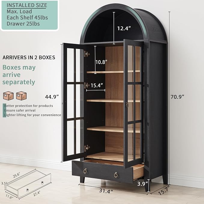 RowyPoey 71" Tall Arched Cabinet Bookshelf with Glass Door & Storage Drawer | Modern Farmhouse Display Cabinet,Adjustable Shelves,Wood Bookshelf,Kitchen Pantry for Dining Room,Living Room,Office,Black