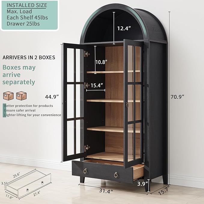 RowyPoey 71" Tall Arched Cabinet Bookshelf with Glass Door & Storage Drawer | Modern Farmhouse Display Cabinet,Adjustable Shelves,Wood Kitchen Pantry for Dining Room,Living Room,Office,Black