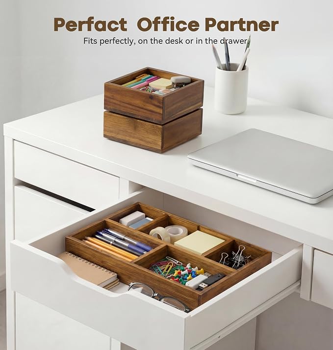 KOCWELL Bamboo Desk Drawer Organizer with Removable Dividers,Multi-Use Office Drawer Organizer Tray,Junk Drawer Organizers for Office,School,Kitchen,Makeup Supply（Carbon Brown）