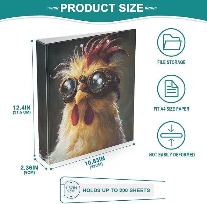 3 Ring Binder Funny Rooster 1.5" Round Ring Binders View Binder with 200 Sheet for Women Men Office Kids School Supplies, 1 Pack