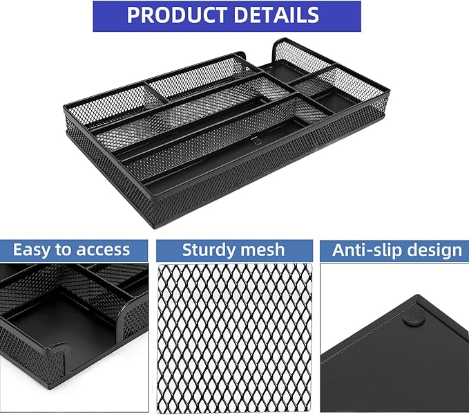 2 Pack Desk Drawer Organizer, Small Metal Mesh Desk Organizer Tray, Pen Pencil Drawer Organizer for Office Supplies, Desktop, Makeup, Vanity