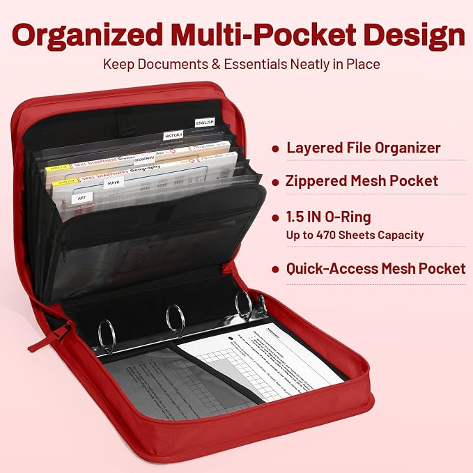 SUNEE Zipper Binder with Handle, 1.5 Inch O-Ring, 325 Pages Capacity, with 5-Tab Expanding File Folder for Classified Storage, Small Size Lightweight Zipper Bag for Middle School Students, Bright Red