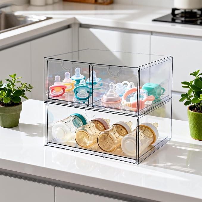 Prsildan Acrylic Drawer Makeup Organizer with 3 Drawers, Clear Stackable Storage for Baby Bottles, Craft, Jewelry & Hair Accessories, Multi-Use for Vanity, Countertop, Office Desk Organization