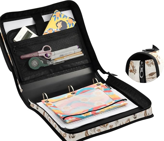 Western Boho Cow Skull Flower Zipper Binder with Shoulder Strap Bag 3 Ring Binder Organizer Large Capacity Multiple Compartments for School Office