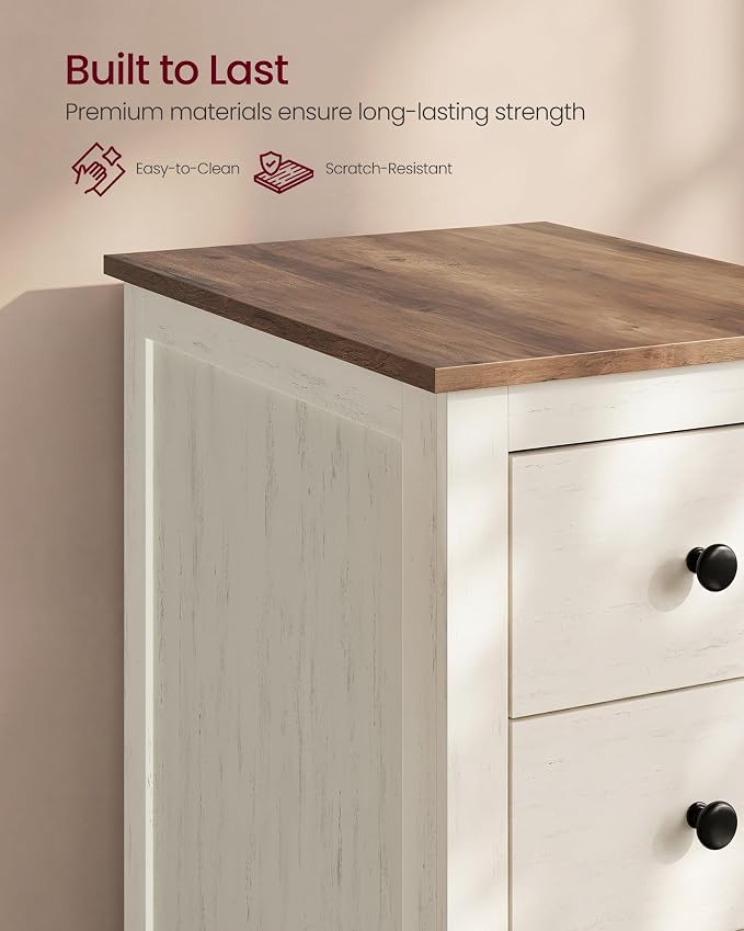 VASAGLE Side End Table with 3 Storage Drawers, Nightstand Farmhouse | Narrow Bedside Table for Living Room, Bedroom, Home Office, Rustic White and Honey Brown, LIRY Collection ULET132W101S