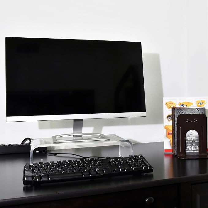 AMT Acrylic Laptop Monitor Stand & Computer Riser with Cat Keyboard Protector, Space-Saving Design, Extra Storage, Clear Shelf - Ideal for Monitors, Laptops, Printers, Desktop Decor