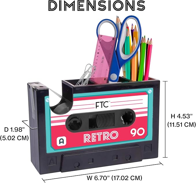 FTC 80's Cassette Tape Dispenser & Pen Supply Holder - Funny Supplies & Desk Accessories for Home, School, Office for Men & Women - 6.70'' x 1.98'' x 4.53'' (Retro)