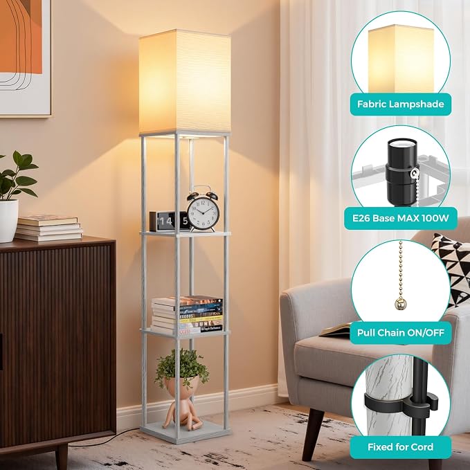Floor Lamp with Shelves, 3-Tier Square Bookshelf Standing Lamp Dark Grey | 3 Color Temperature Bulb Included, Pull Chain Tall Lamp for Living Room Bedroom Corner Office Apartment Decor