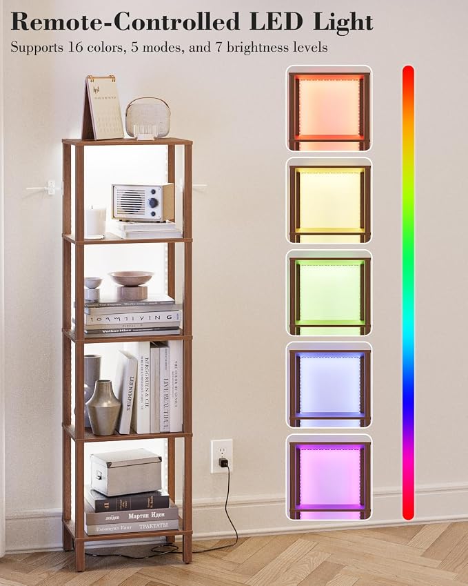 Open Book Shelf with LED Lights, 5 Tier Tall Bookshelf, Freestanding Shelf Narrow Bookcase with Open Shelves, 14.96" x 10.63" x 53.54", Book Shelves for Living Room, Office, Study, Walnut