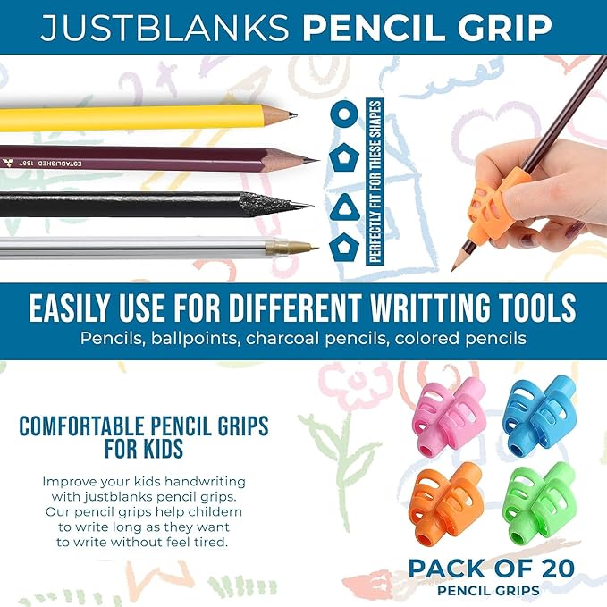 JustBlanks 20 Pcs Pencil Grips for Kids Handwriting - Pencil Holder for Kids, Pencil Grippers Writing Tool, Writing Posture Correction Tools for Toddlers, Preschoolers Special Needs for Classroom