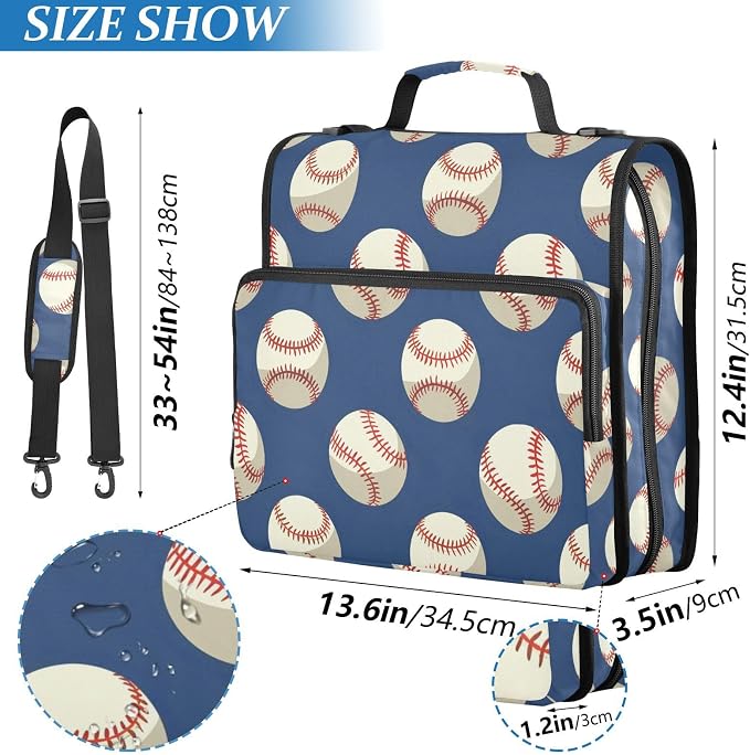 Baseballs Ball on Blue 3 Ring Binder Bag 1.5 inch Binder Organizer with Zipper Shoulder Strap 500 Sheet Documents Storage for School Office