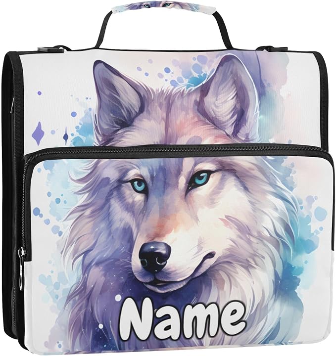 Custom Wolf Watercolor 3 Ring Binder Bag 1.5 inch Personalized Name Binder Organizer 500 Sheet Documents Storage for School Office