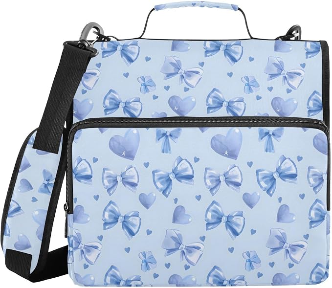 Light Blue Bows Hearts Zipper Binder 3 Ring with Handle and Shoulder Strap, 500 Sheet Binder Organizer Capacity & Multi-Pockets for School Office