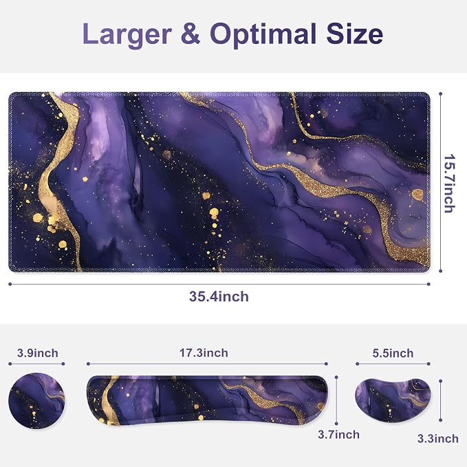 Large Gaming Mouse Pad Set, 4 in1 Ergonomics Keyboard Desk Mat with Memory Foam Wrist Rest, Extended Game Mousepad, Non-Slip Desk Pad Matt Easy Typing Pain Relief I Purple Golden Marble