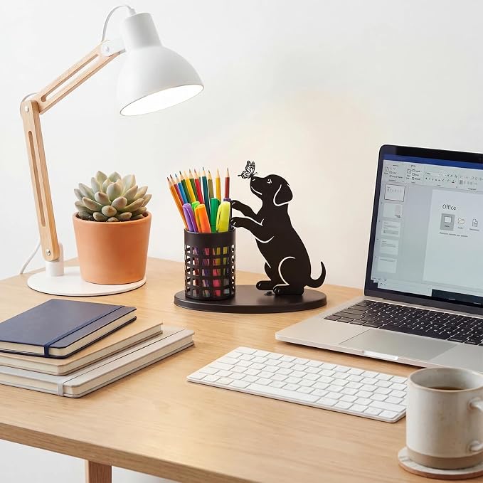 Tandefio Dog Pen Holder for Desk Cute Black Puppy Pencil Holder Metal Desk Accessories Organizer Makeup Brush Pen Cup for Back to School Stationery Office Home Decor Table Centerpiece Lover Gift Women