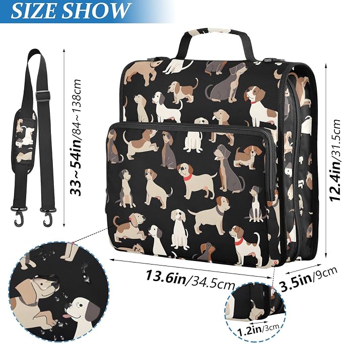 Dog Black Background Pattern 3 Ring Binder Bag 1.5 inch Binder Organizer with Zipper Shoulder Strap 500 Sheet Documents Storage for School Office