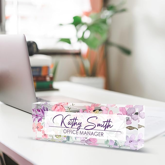 Personalized Name Plate for Desk, Custom Desk Name Plate, Acrylic Name Plate Office Desk Accessories, Personalized Office Gifts for Coworkers Teachers, Employee Appreciation Gifts (A-WaterColor3)