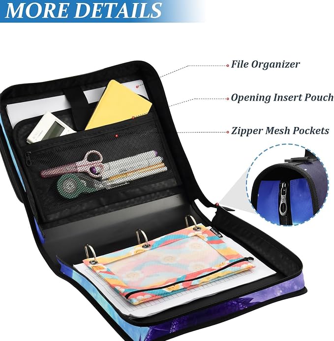 3 Ring Zipper Binder with Shoulder Strap Dragon Moon 2 Inch Zippered Binder Bag 500 Sheet Capacity Multi Pockets for School Supplies