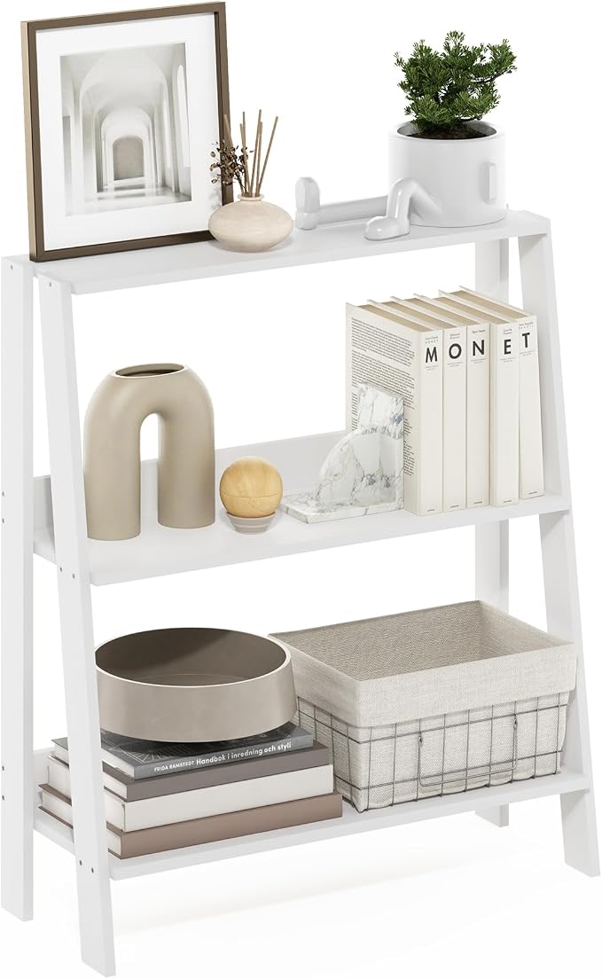 Furinno Ladder 3-Tier Book Shelf, Ladder Shelf, White | 9.3 x 23.6 x 27, Open Design Bookshelf, Display Storage Bookcase, Living Room, Home Office